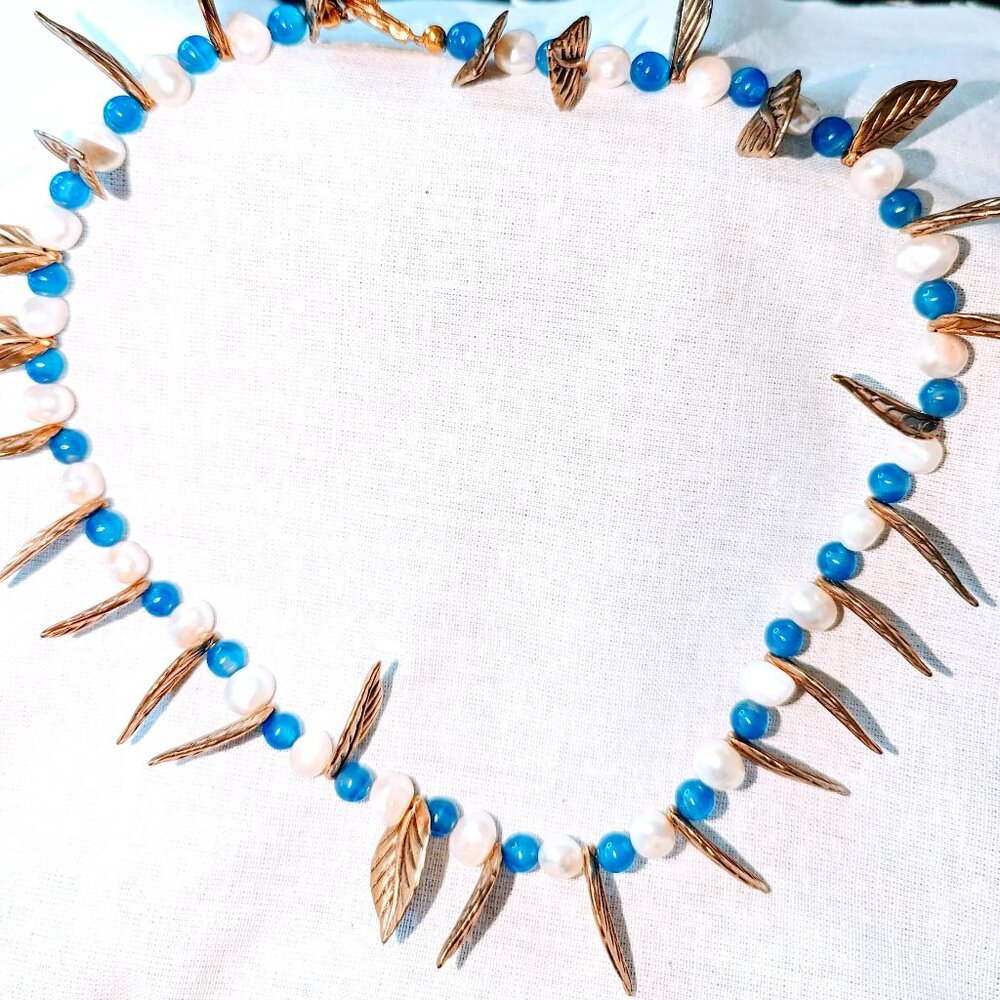 New choker style leaf and bead design, blue and gold